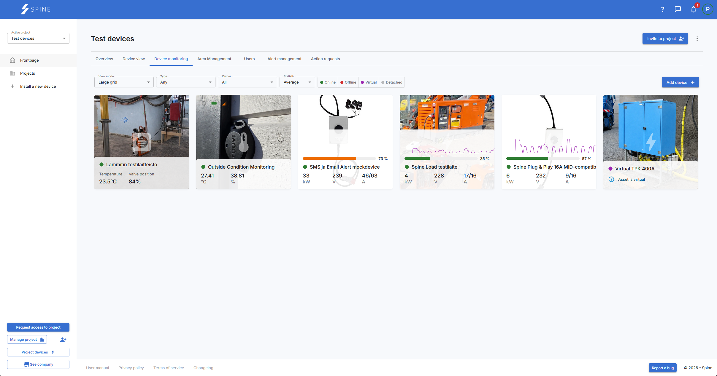 Spine portal fleet devices view — multi-board live monitoring